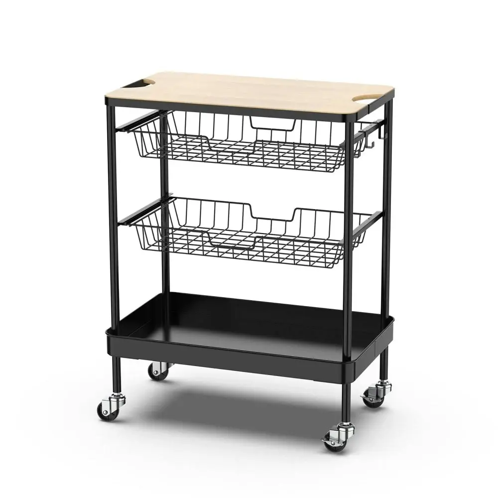 Sanna 3-Tier Kitchen Trolley Storage W/ Timber Bench Top - Black & Natural