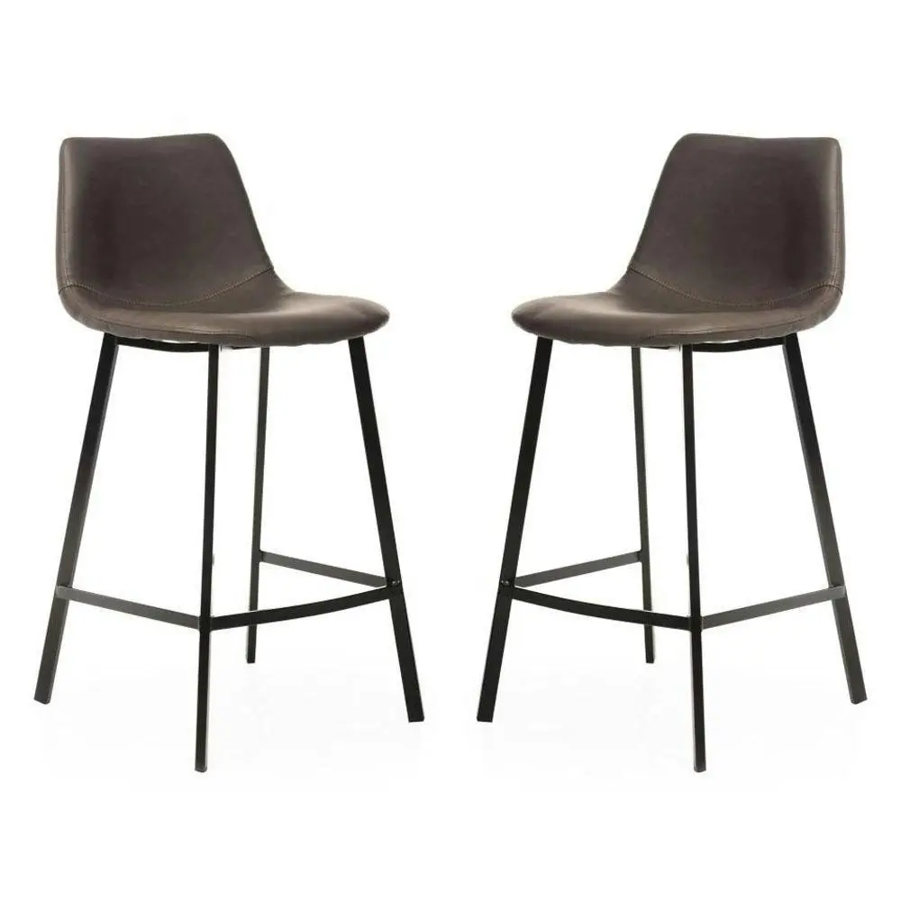 Raimon Furniture Set of 2 Gordon Faux Leather Bar Stool 66cm - Black Metal Legs - Antique Grey