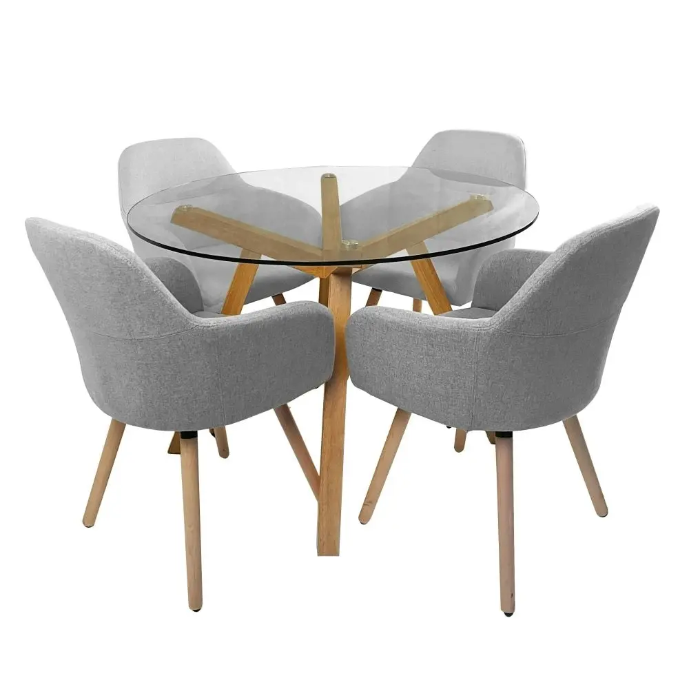 HomeStar 5Pc Dining Set Finland Glass Dining Table 110cm W/ 4Pc Milan Fabric Dining Chairs Grey