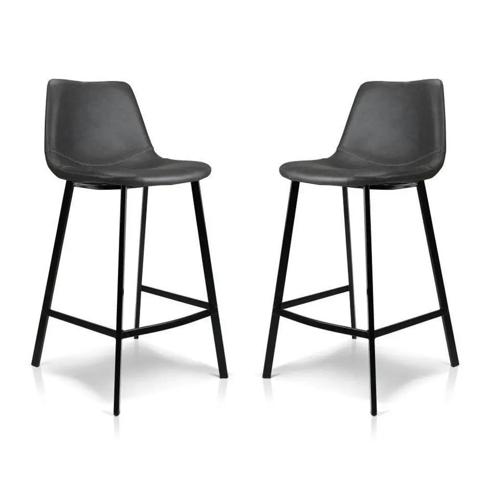 Raimon Furniture Set of 2 Gordon Faux Leather Bar Stool 66cm - Black Metal Legs - Antique Black