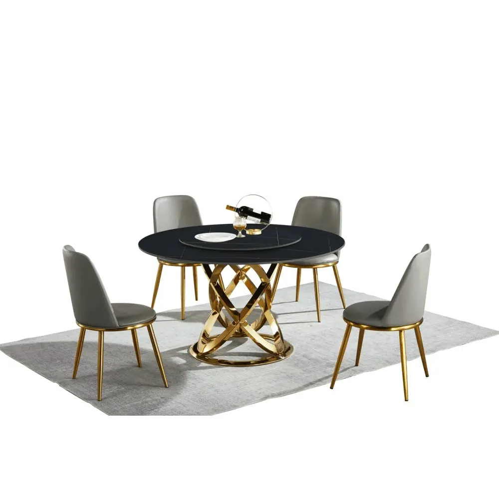 Our Home Hayes Luxurious Sintered Stone Round Dining Table 150cm W/ Lazy Susan - Black & Gold