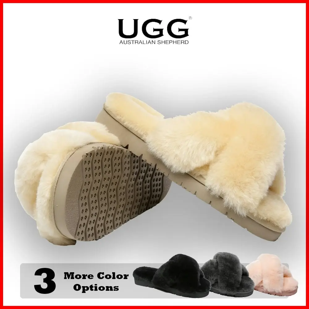 Australian Shepherd® Sheepskin Wool Women Fluffy Crossover Slide Slipper Leanna