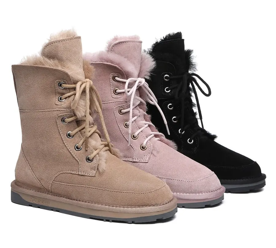 EVERAU Lace Up Ankle Fashion Sheepskin Women Boots Pathfinder