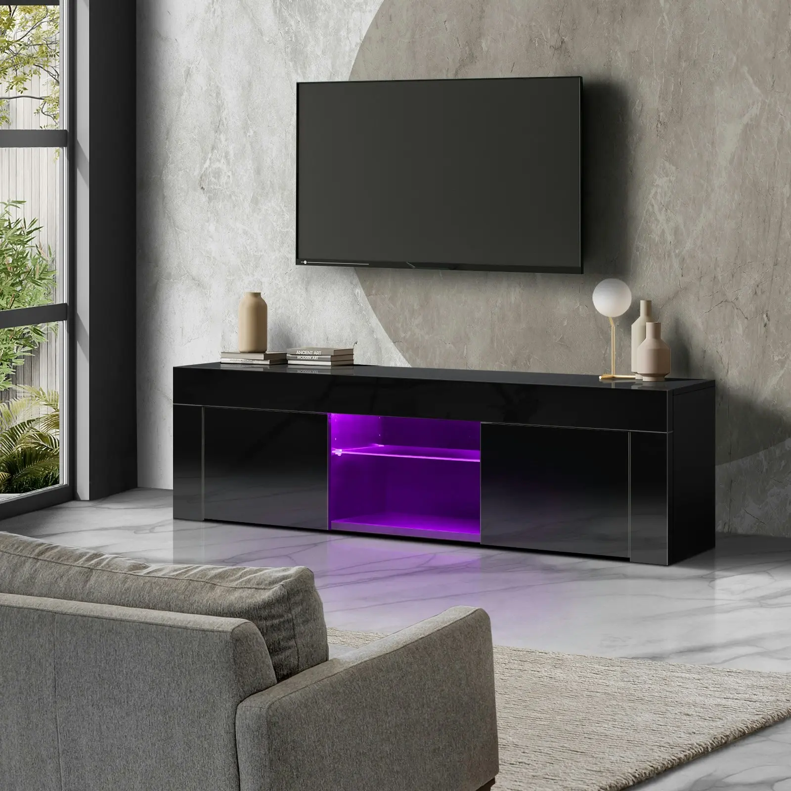 Oikiture TV Cabinet Entertainment Unit Stand RGB LED Gloss Furniture 130cm Black