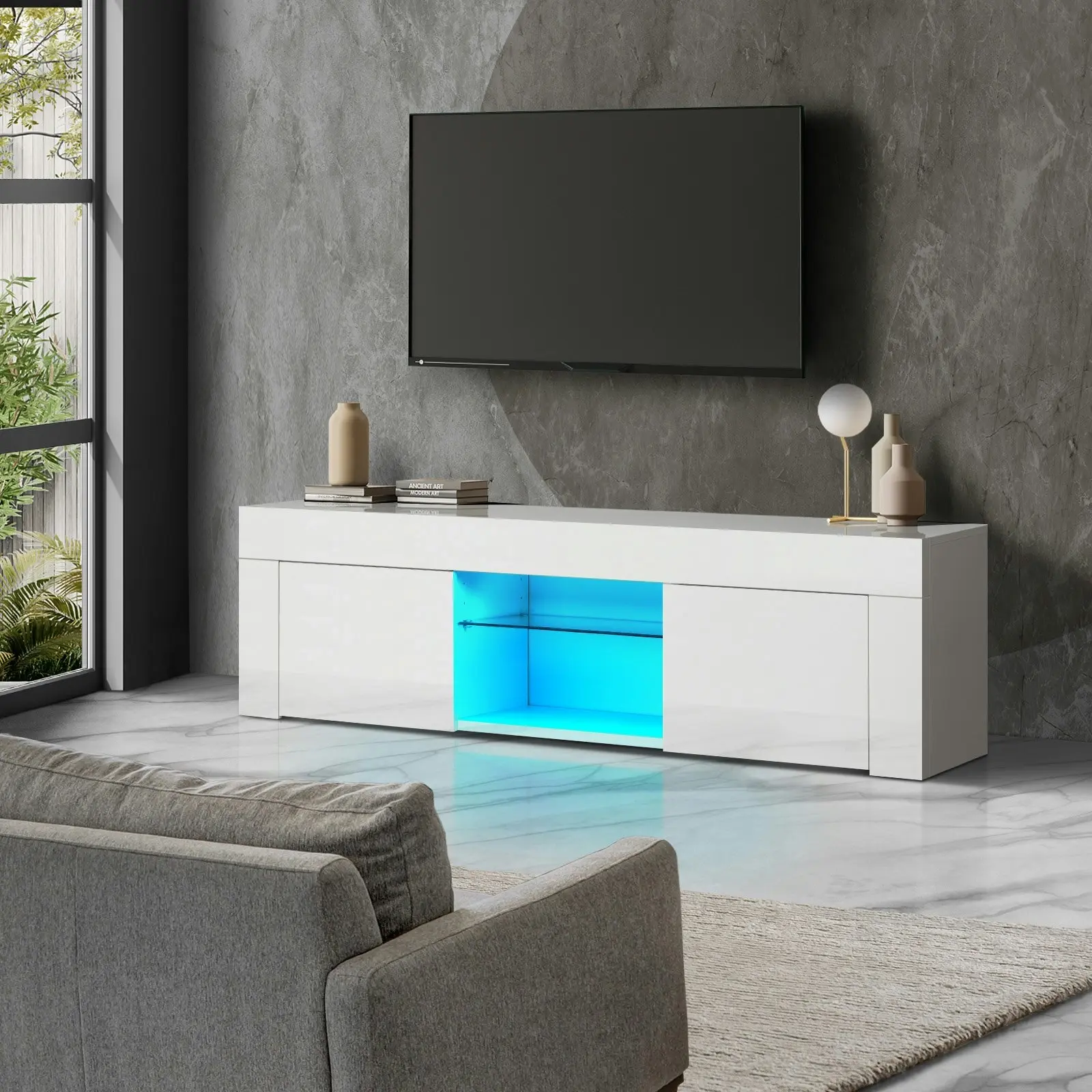 Oikiture TV Cabinet Entertainment Unit Stand RGB LED Gloss Furniture 130cm White