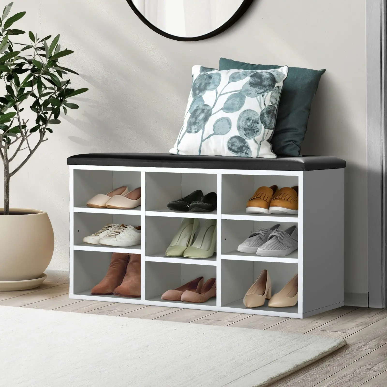 Oikiture Shoe Cabinet Bench Organiser Shoe Rack Storage PU Padded Seat Shelf