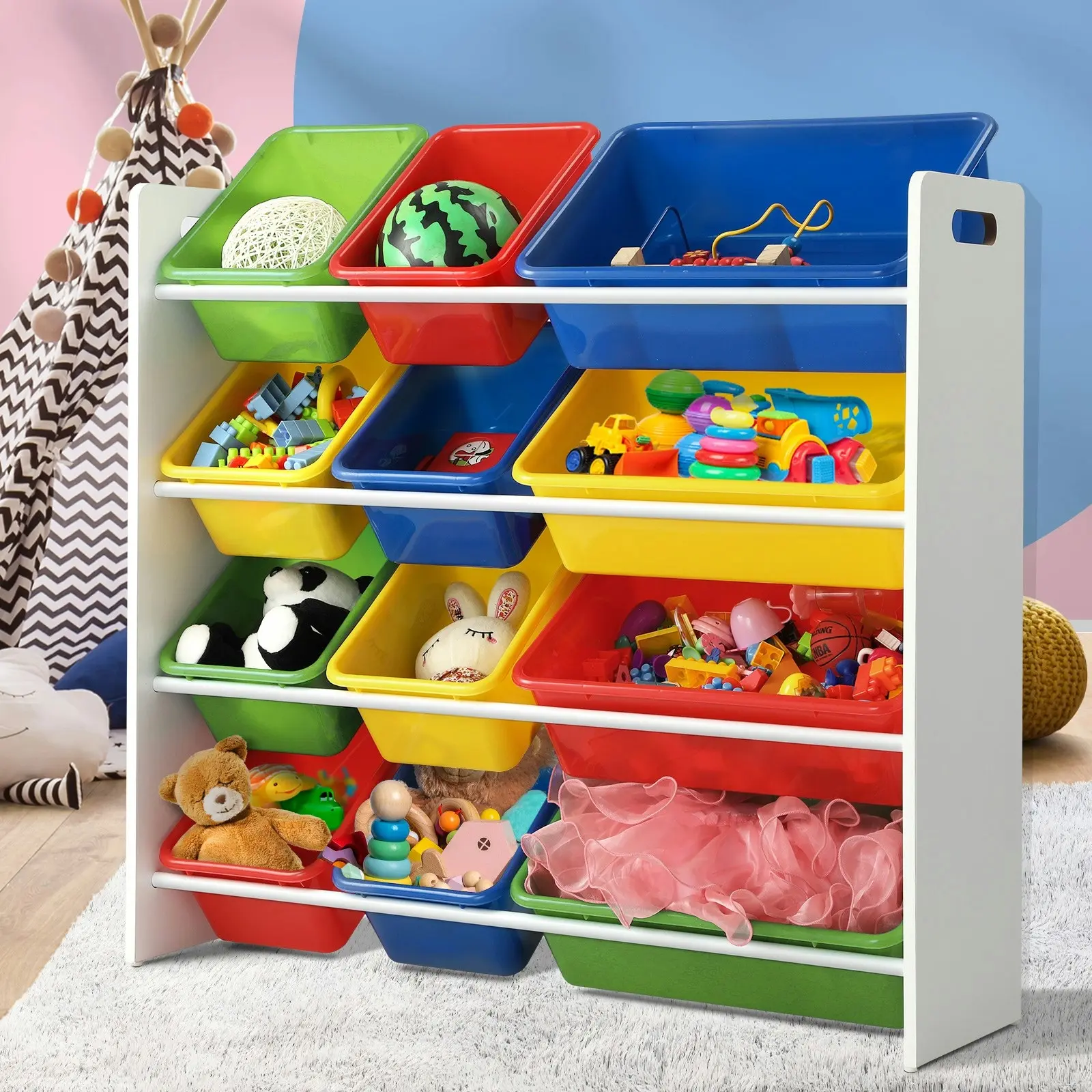 Oikiture Kids Toy Box Organiser 12 Bins Display Shelf Storage Rack Drawer