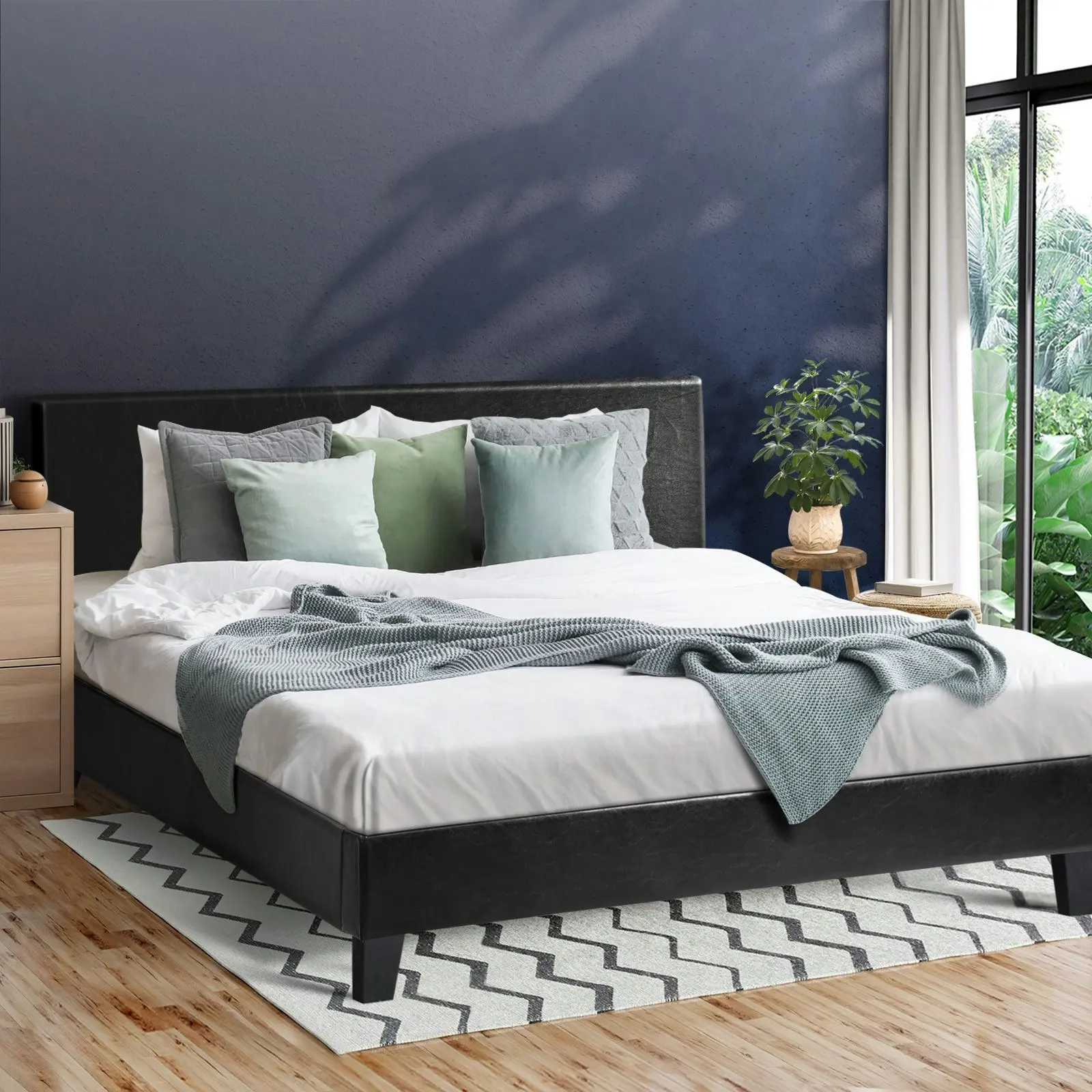 Oikiture Bed Frame Queen Size Base Mattress Platform Leather Wooden Slats Black