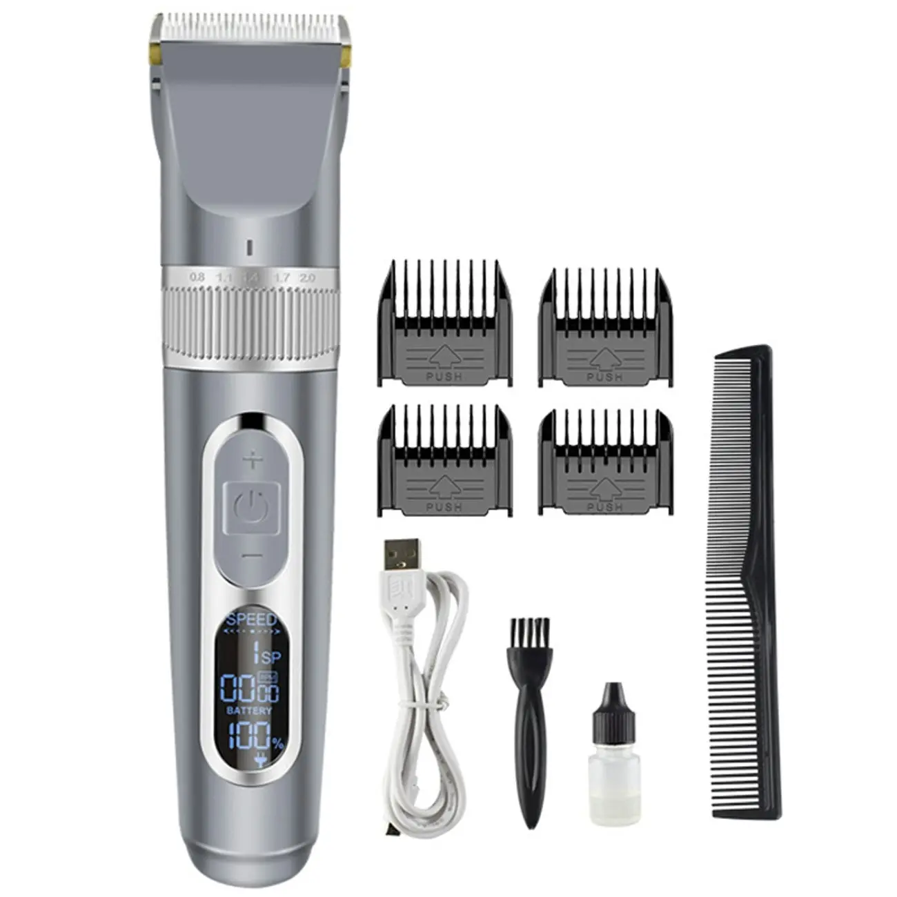 Cordless Hair Clipper Beard Trimmer LCD Display 3.7V 2000mAh Titanium Ceramic Blade USB Charge - Silver