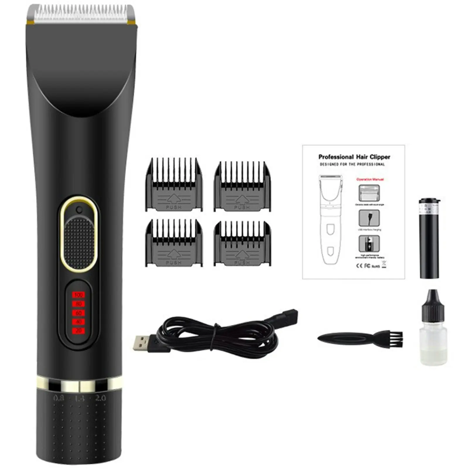 TODO Cordless Hair Clipper Beard Trimmer 3.7V 2000mAh Titanium Ceramic Blade USB Charge