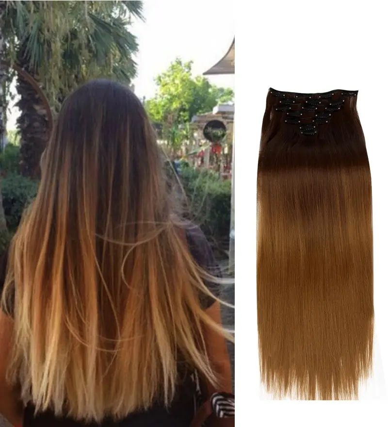 22" Two Tone Ombre High Grade Synthetic Hair Brown Straight 7Piece 16Clips 05