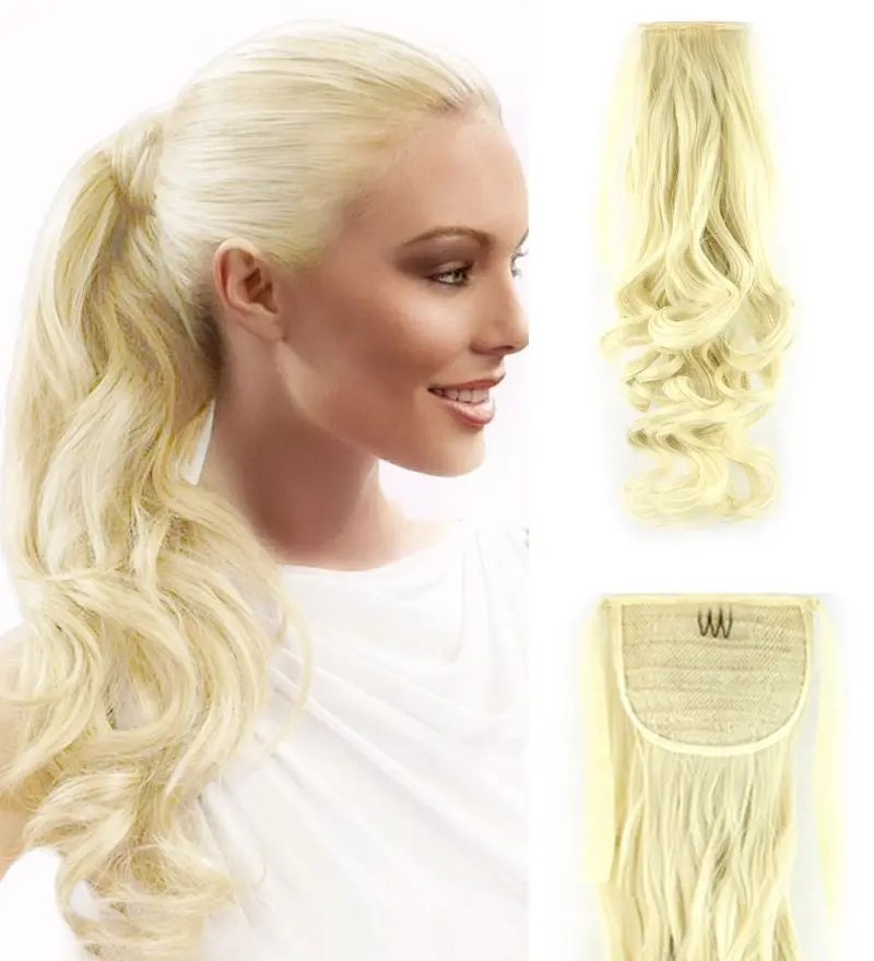 Light Blonde 22" Hair Extension Synthetic Hair Ponytail Curly Wavy Ribbon