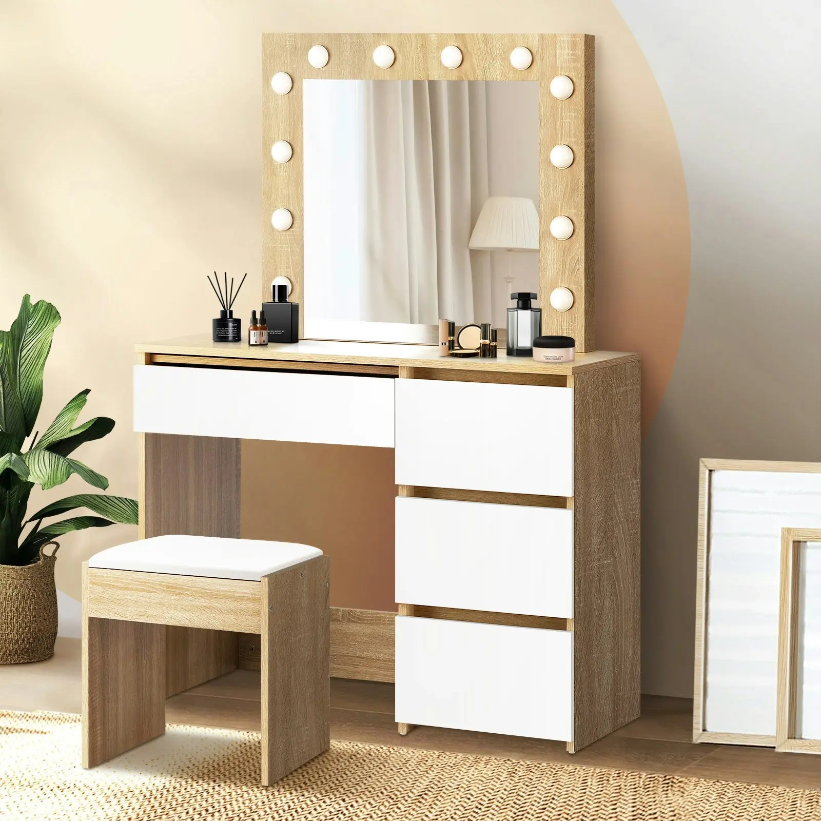 Oikiture Dressing Table Stool Set Makeup Desk Mirror Storage Drawer 12 LED Bulbs Wooden