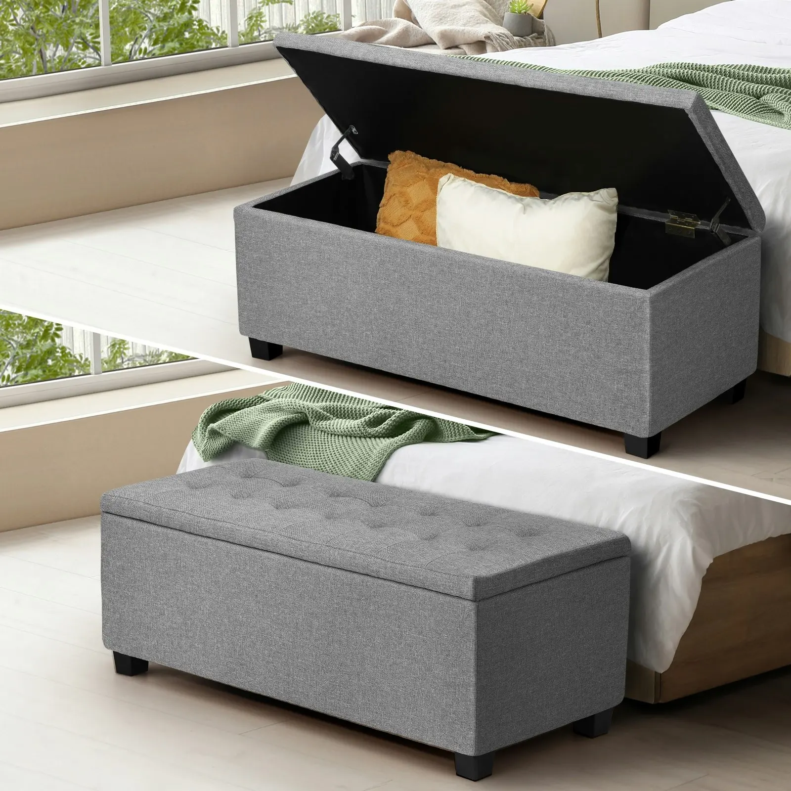 Oikiture Storage Ottoman Blanket Box Faux Linen Chest Toy Foot Stool LARGE