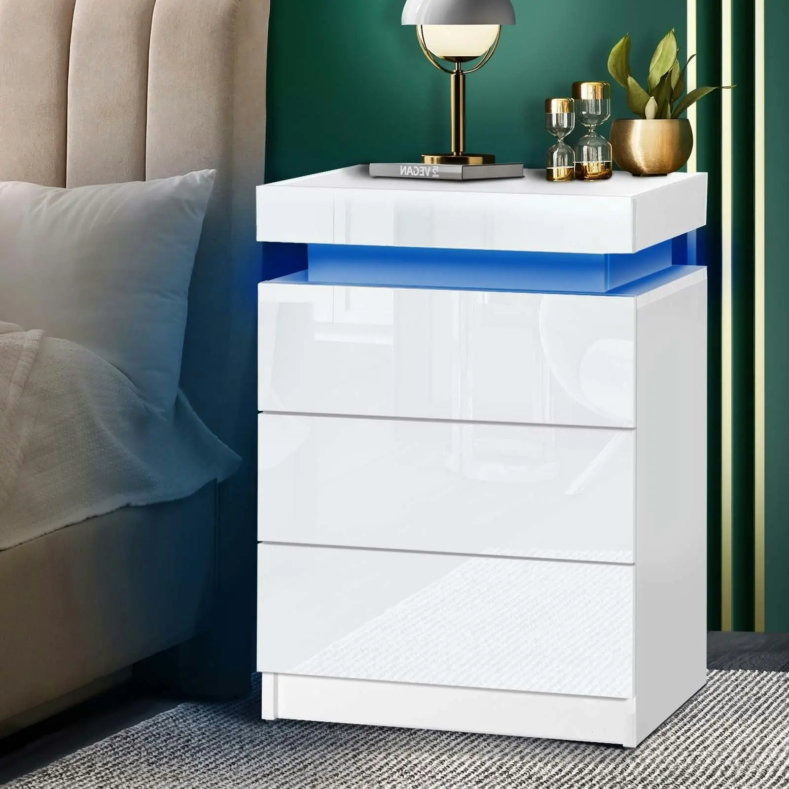 Oikiture Bedside Table RGB LED Nightstand Cabinet 3 Drawers Side Table Furniture White