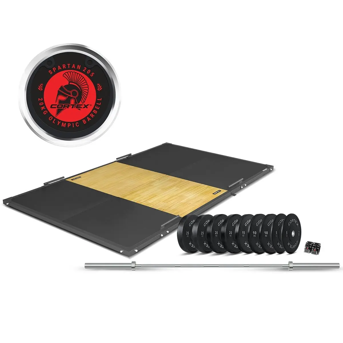 Cortex 3m x 2m 50mm Weightlifting Framed Platform (Dual Density Mats) + 170kg Olympic V2 Weight Plates & Barbell Package