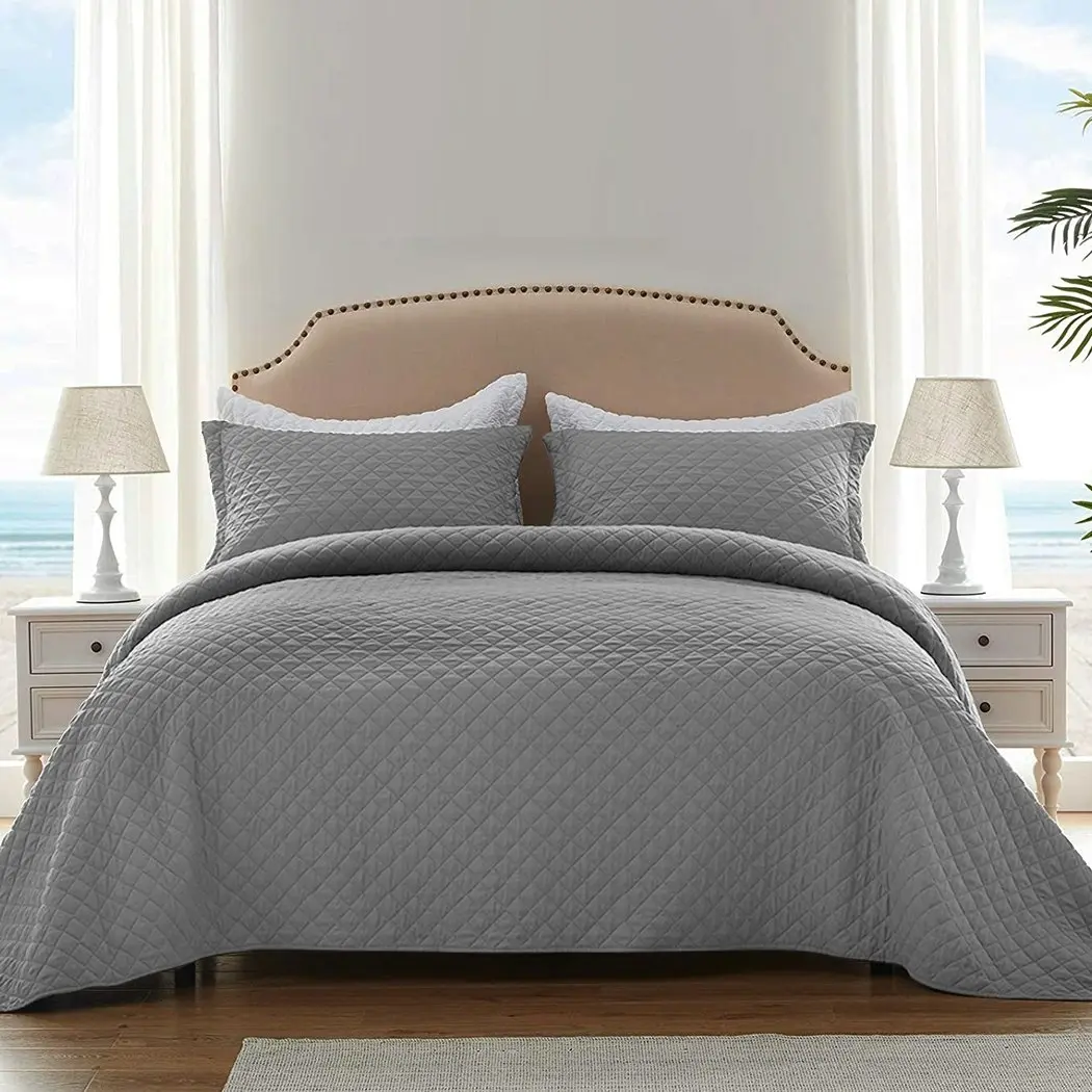 Dreamz Bedspread Coverlet Set Quilted Blanket Soft Pillowcases King Grey