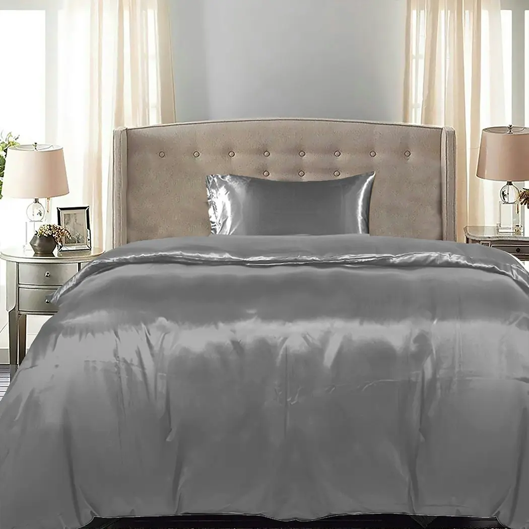 Dreamz Silky Satin Quilt Cover Set Bedspread Pillowcases Summer Single Grey