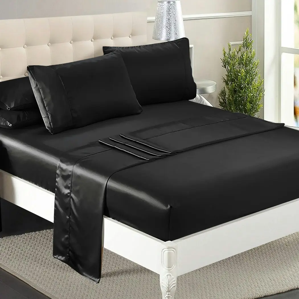 Dreamz Silky Satin Sheets Fitted Flat Bed Sheet Pillowcases Summer Queen Black