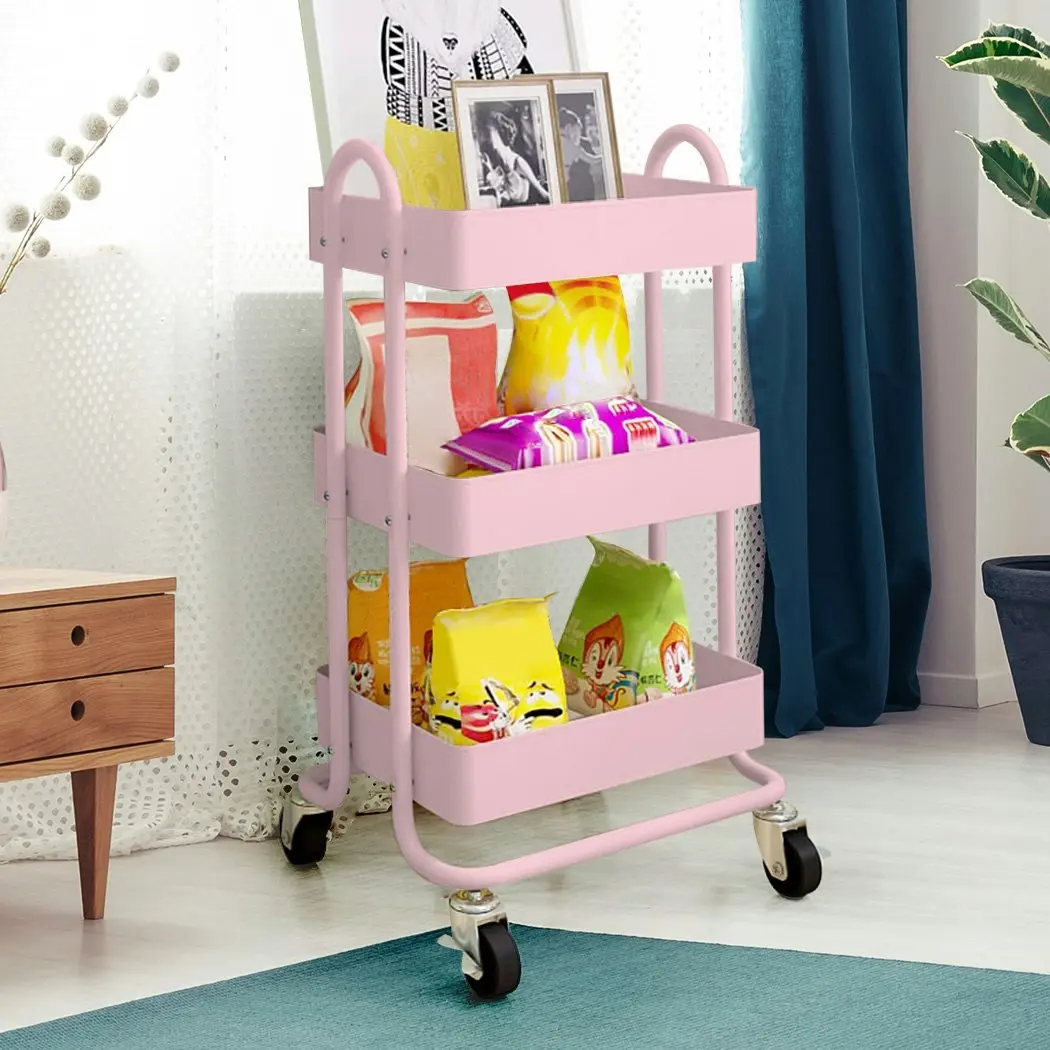 Levede 3 Tiers Kitchen Trolley Cart Steel Storage Rack Shelf Organiser Pink