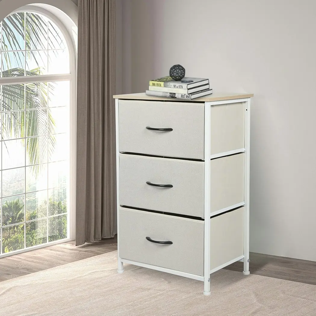 Levede Chest of 3 Drawers Bedside Table Storage Cabinet Tower Dresser Beige