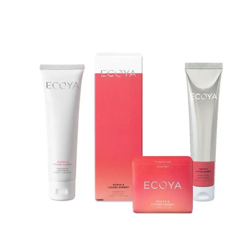 Ecoya Guava & Lychee Sorbet Handwash, Handcream and Soap Bar Set