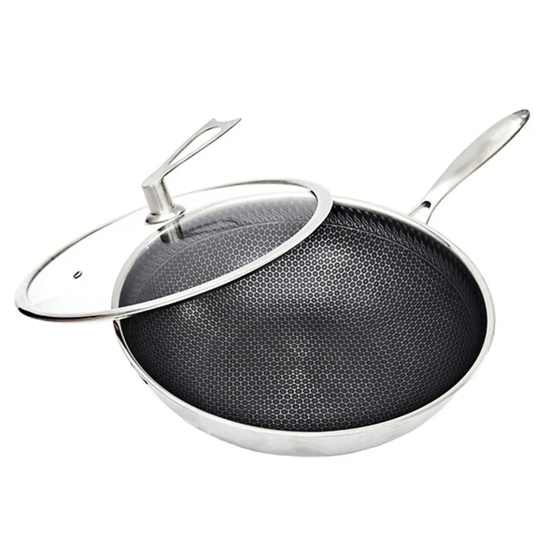 Soga 32cm Stainless Steel Tri-Ply Frying Cooking Fry Pan Textured Non Stick Interior Skillet with Glass Lid