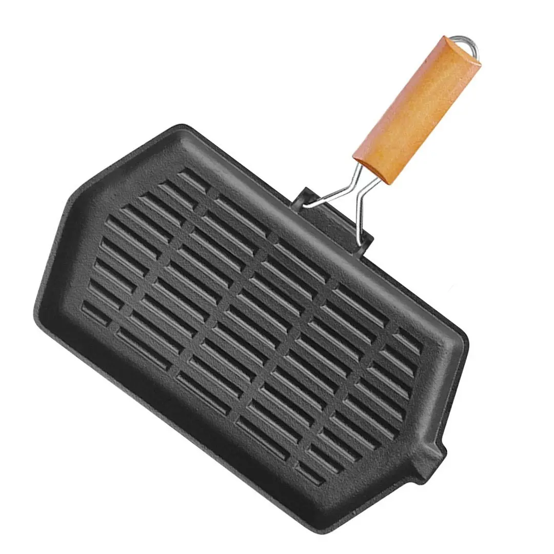 Soga Rectangular Cast Iron Griddle Grill Frying Pan with Folding Wooden Handle