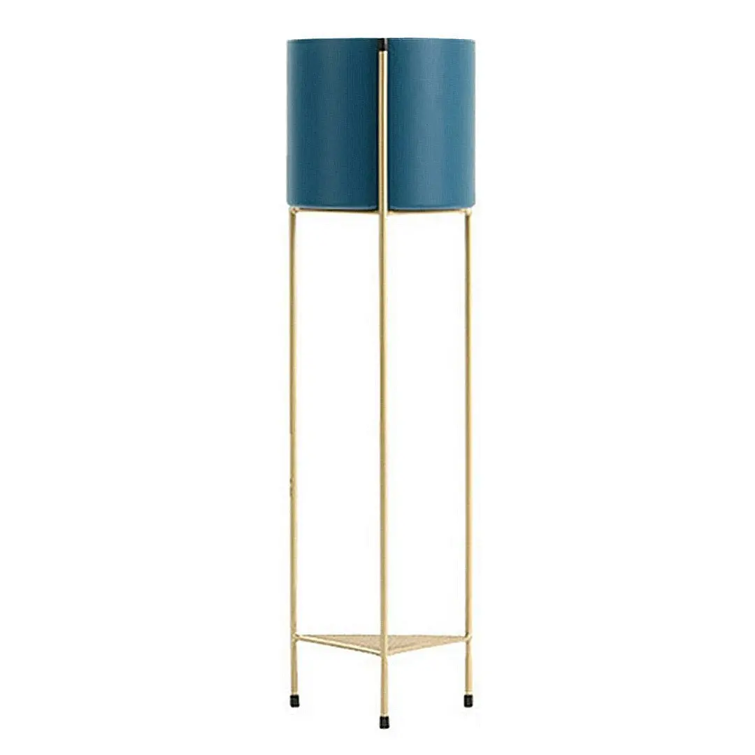 Soga 2 Layer 81cm Gold Metal Plant Stand with Blue Flower Pot Holder Corner Shelving Rack Indoor Display