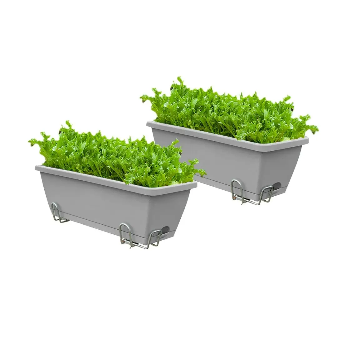 Soga 49.5cm Gray Rectangular Planter Vegetable Herb Flower Outdoor Plastic Box with Holder Balcony Garden Decor Set of 2