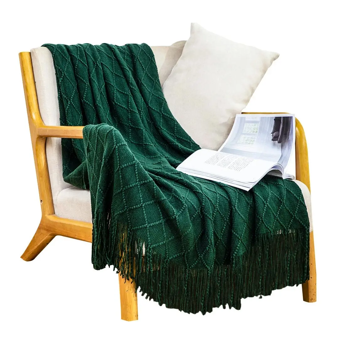 Soga Green Diamond Pattern Knitted Throw Blanket Warm Cozy Woven Cover Couch Bed Sofa Home Decor with Tassels