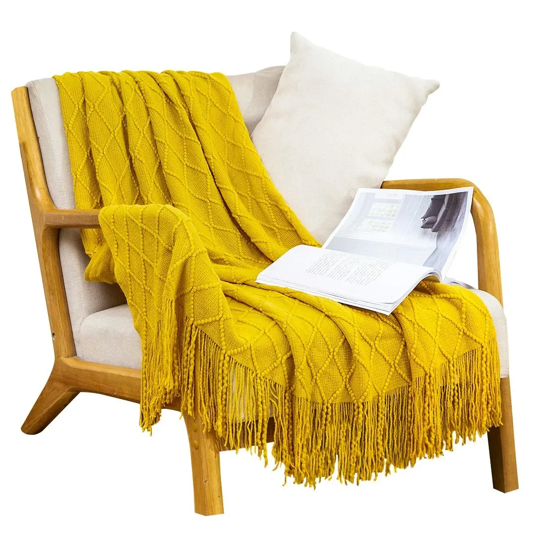 Soga Yellow Diamond Pattern Knitted Throw Blanket Warm Cozy Woven Cover Couch Bed Sofa Home Decor with Tassels