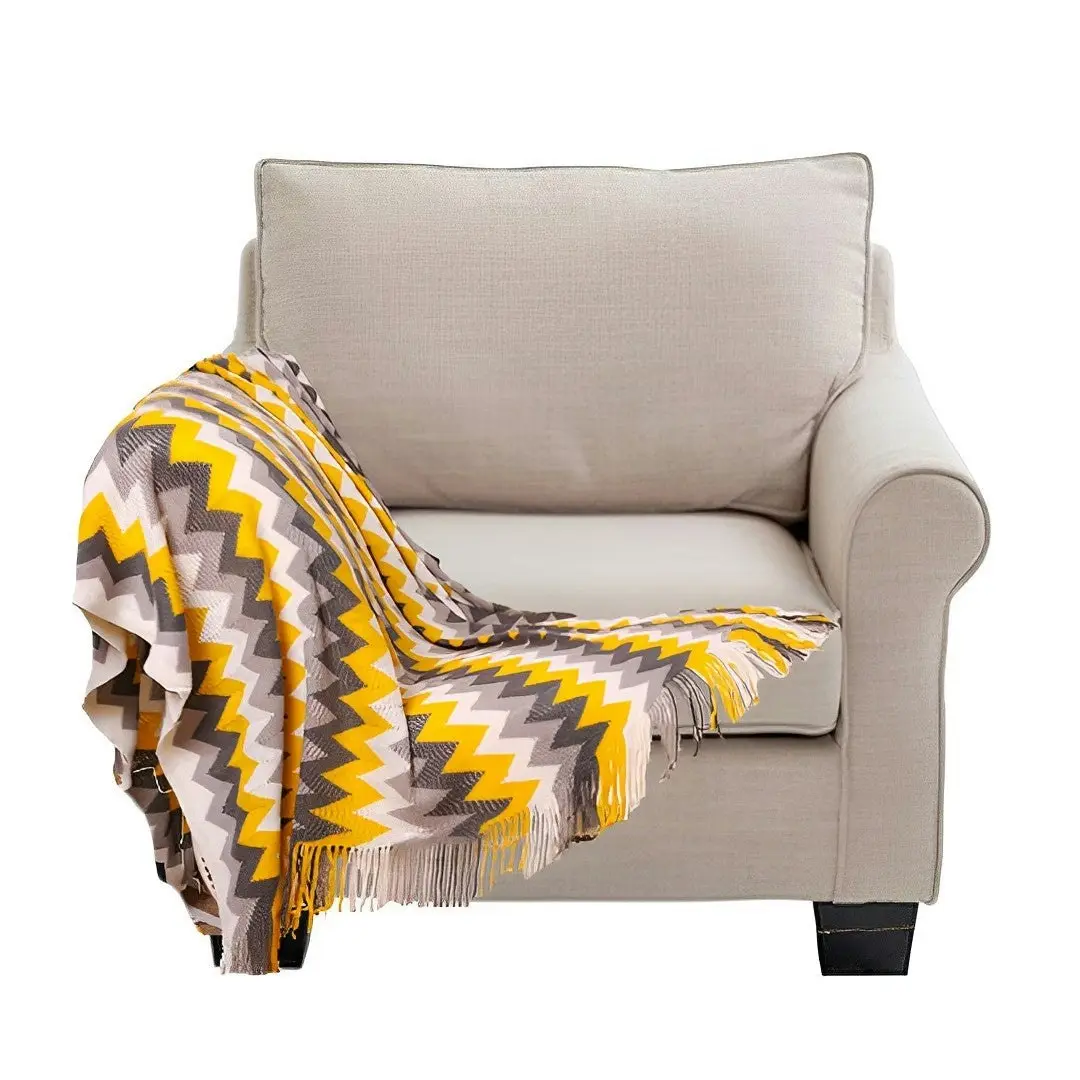 Soga 170cm Yellow Zigzag Striped Throw Blanket Acrylic Wave Knitted Fringed Woven Cover Couch Bed Sofa Home Decor