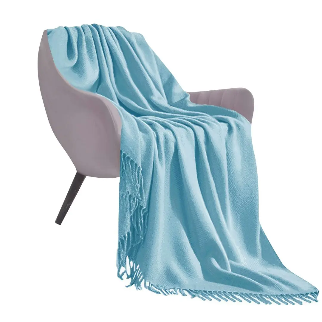 Soga Sky Blue Acrylic Knitted Throw Blanket Solid Fringed Warm Cozy Woven Cover Couch Bed Sofa Home Decor