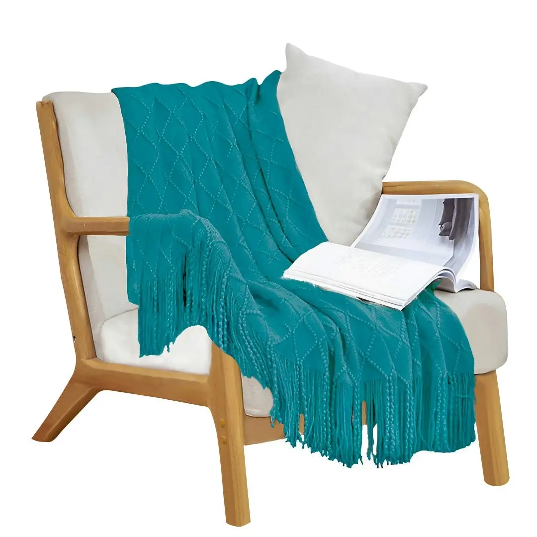 Soga Teal Diamond Pattern Knitted Throw Blanket Warm Cozy Woven Cover Couch Bed Sofa Home Decor with Tassels