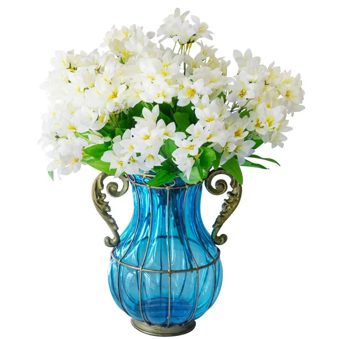 Soga Blue Colored Glass Flower Vase with 10 Bunch 6 Heads Artificial Fake Silk Lilium nanum Home Decor Set