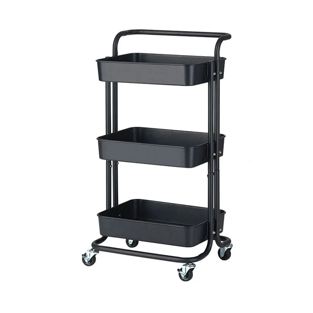 Soga 3 Tier Steel Black Movable Kitchen Cart Multi-Functional Shelves Storage Organizer with Wheels