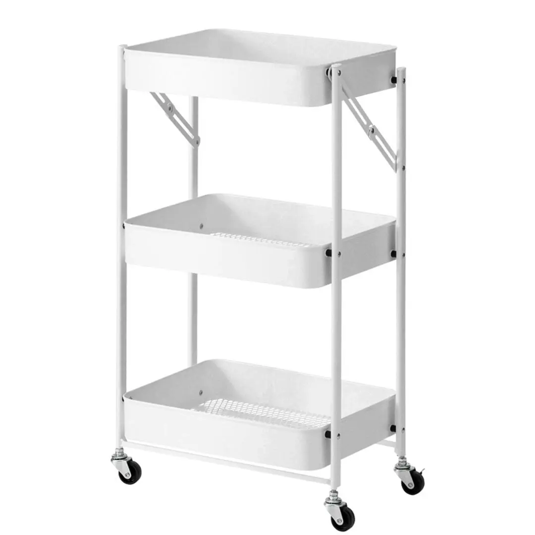 Soga 3 Tier Steel White Foldable Kitchen Cart Multi-Functional Shelves Storage Organizer with Wheels