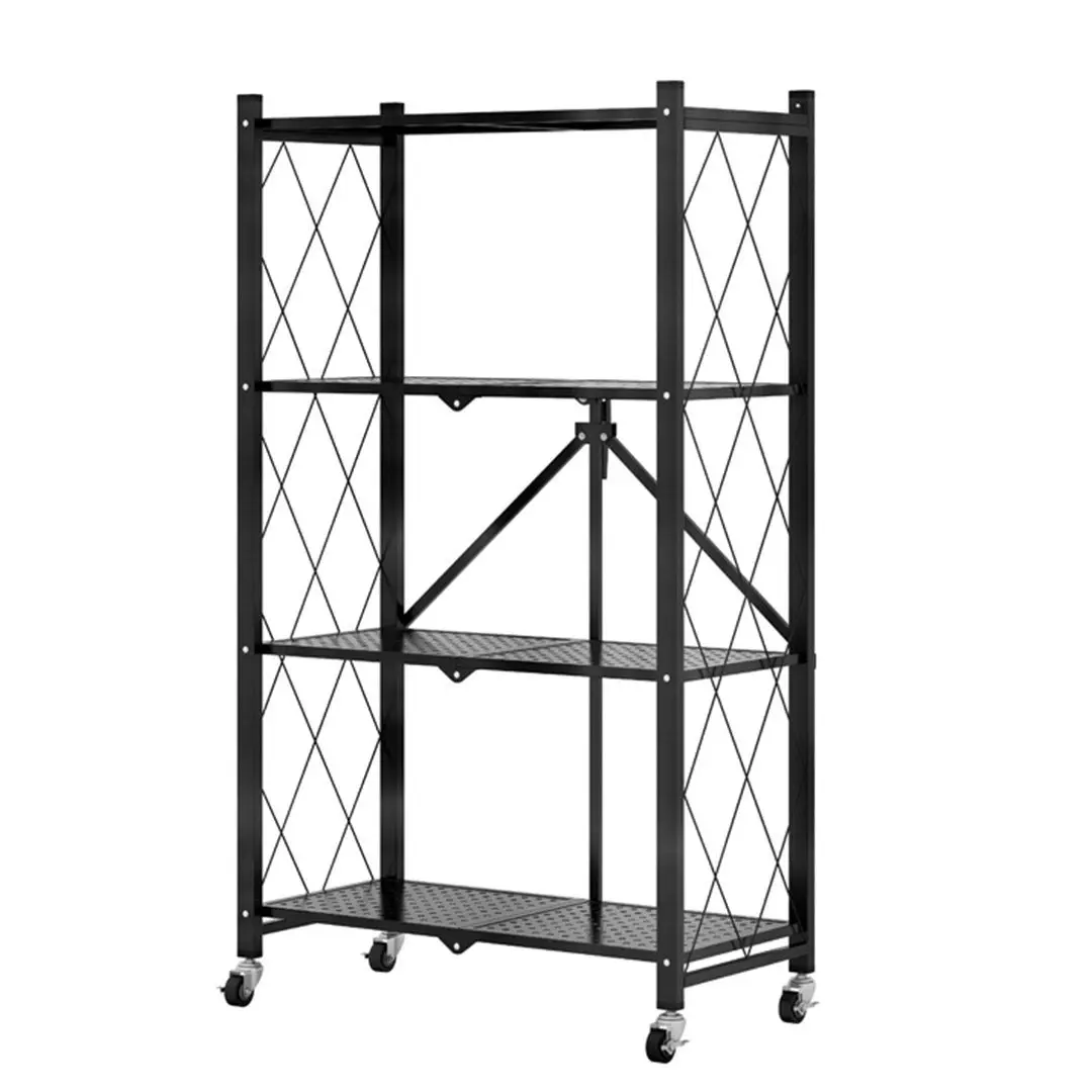 Soga 4 Tier Steel Black Foldable Kitchen Cart Multi-Functional Shelves Storage Organizer with Wheels