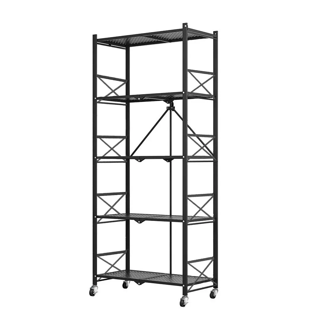 Soga 5 Tier Steel Black Foldable Display Stand Multi-Functional Shelves Portable Storage Organizer with Wheels