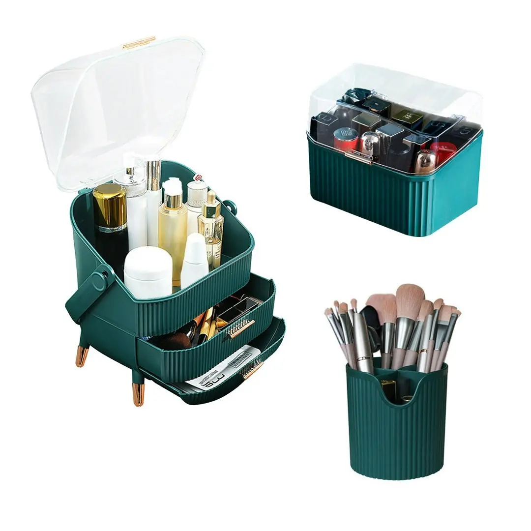 Soga Green Cosmetic Jewelry Storage Organiser Set Makeup Brush Lipstick Skincare Holder Jewelry Storage Box with Handle