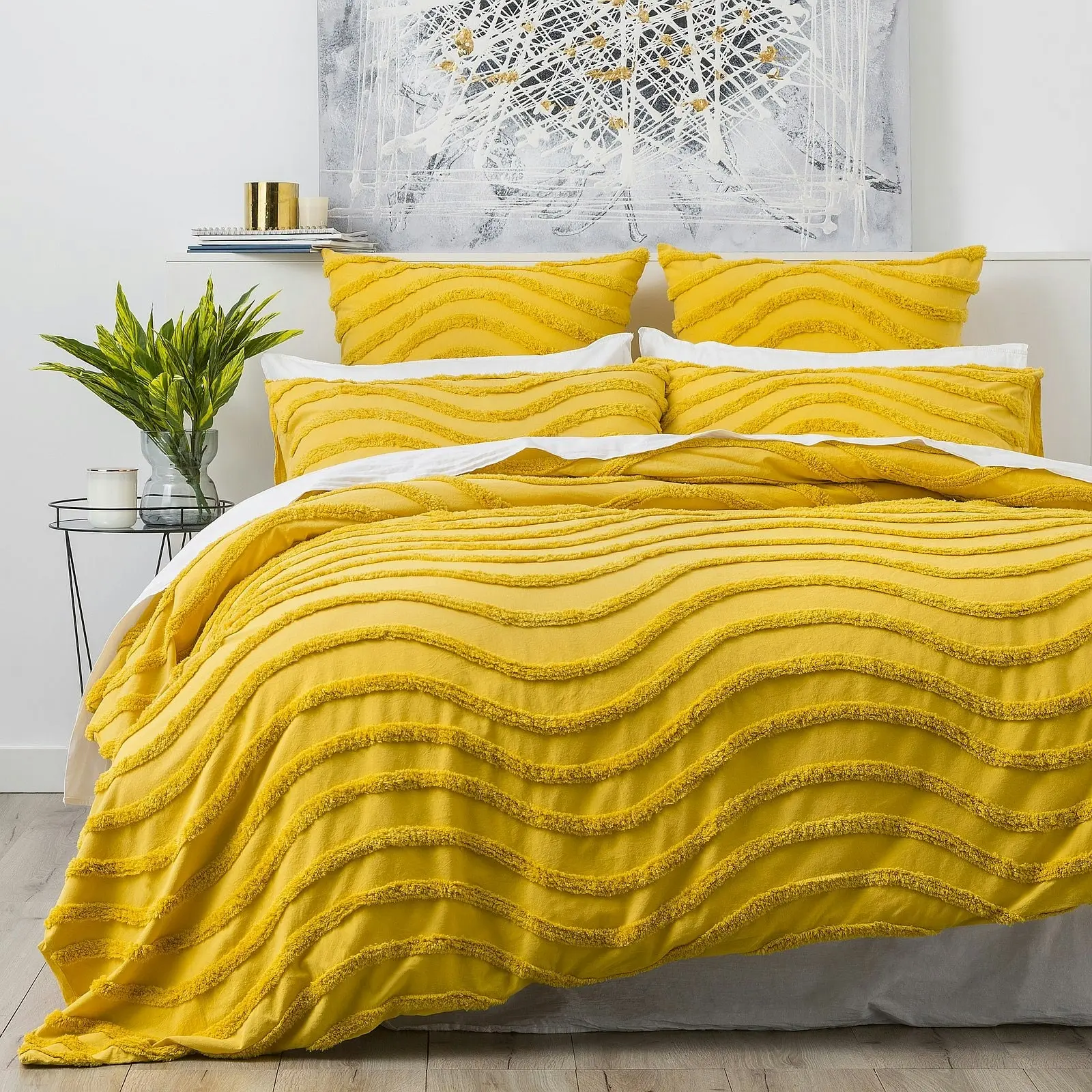 Wave Quilt Cover Tufted Cotton Chenille Set Mustard