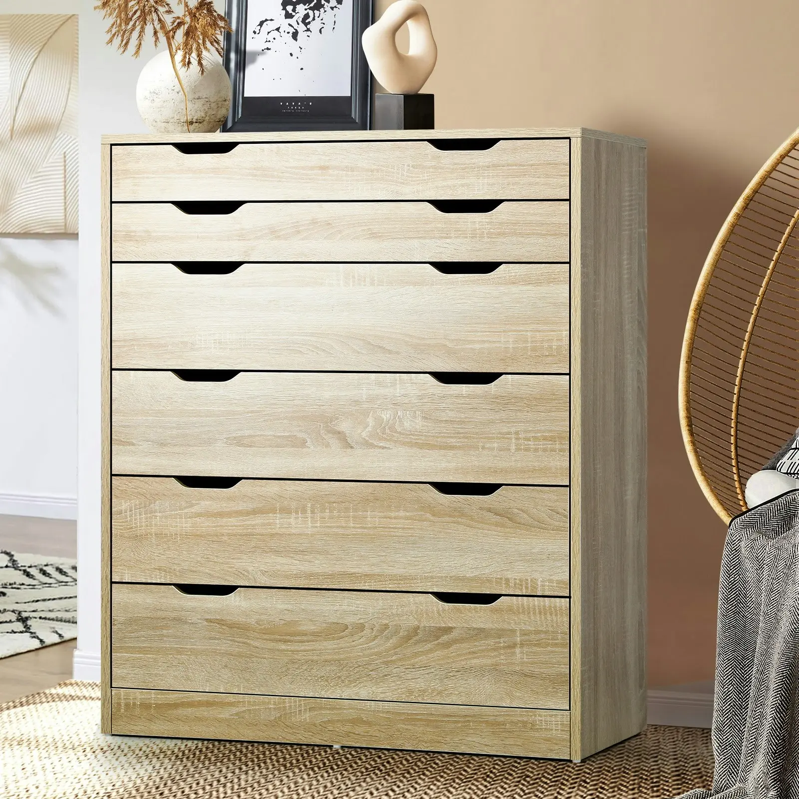 Oikiture 6 Chest of Drawers Tallboy Wooden Natural PMA