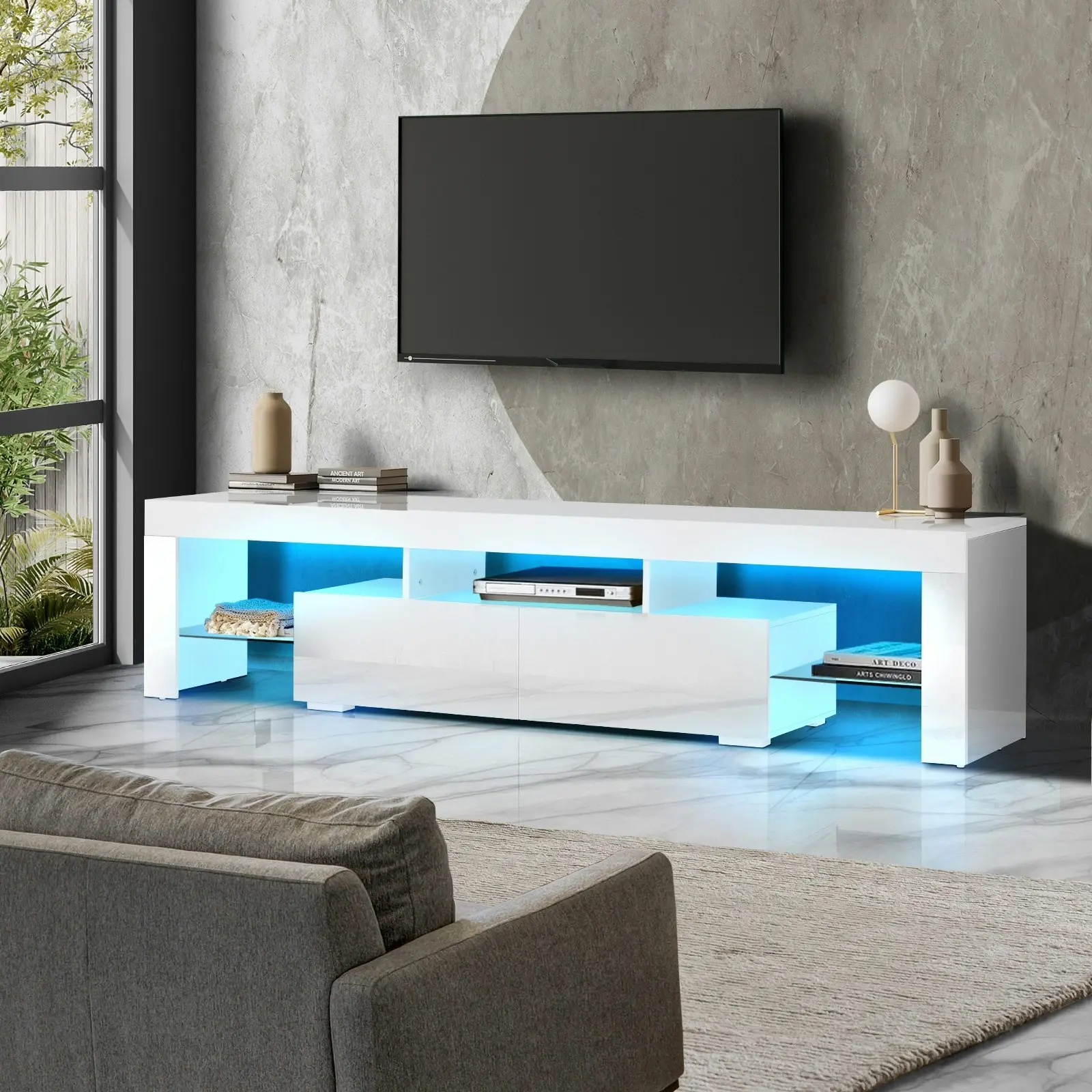 Oikiture TV Cabinet Entertainment Unit Stand LED RGB Gloss Furniture White 180CM