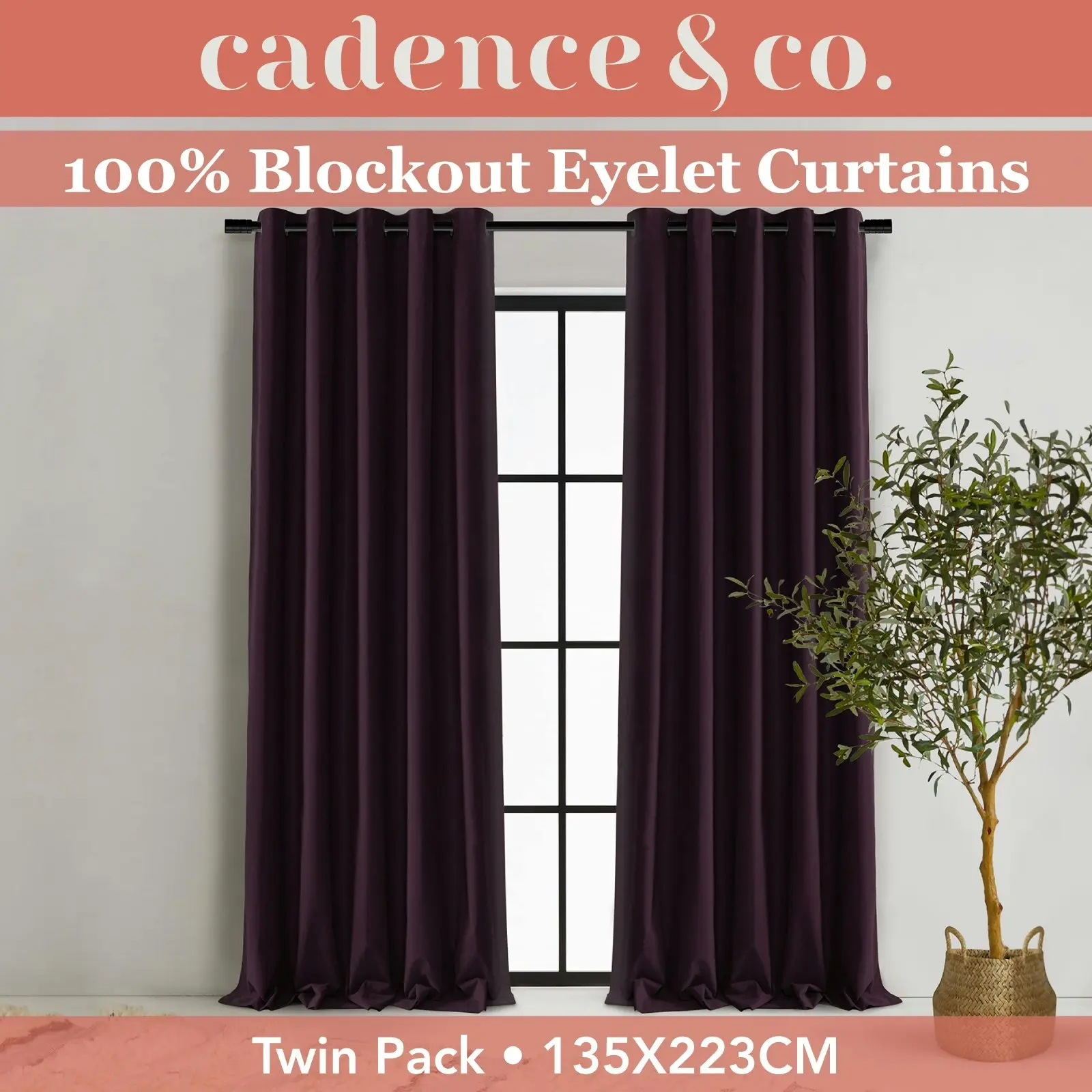 Cadence & Co. Byron Matte Velvet 100% Blockout Eyelet Curtains Twin Pack Aubergine 135x223cm