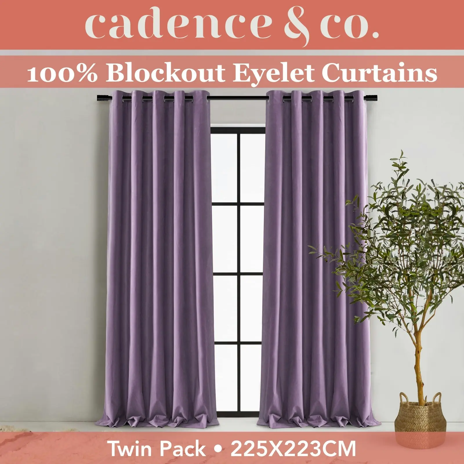 Cadence & Co. Byron Matte Velvet 100% Blockout Eyelet Curtains Twin Pack Lilac 225x223cm