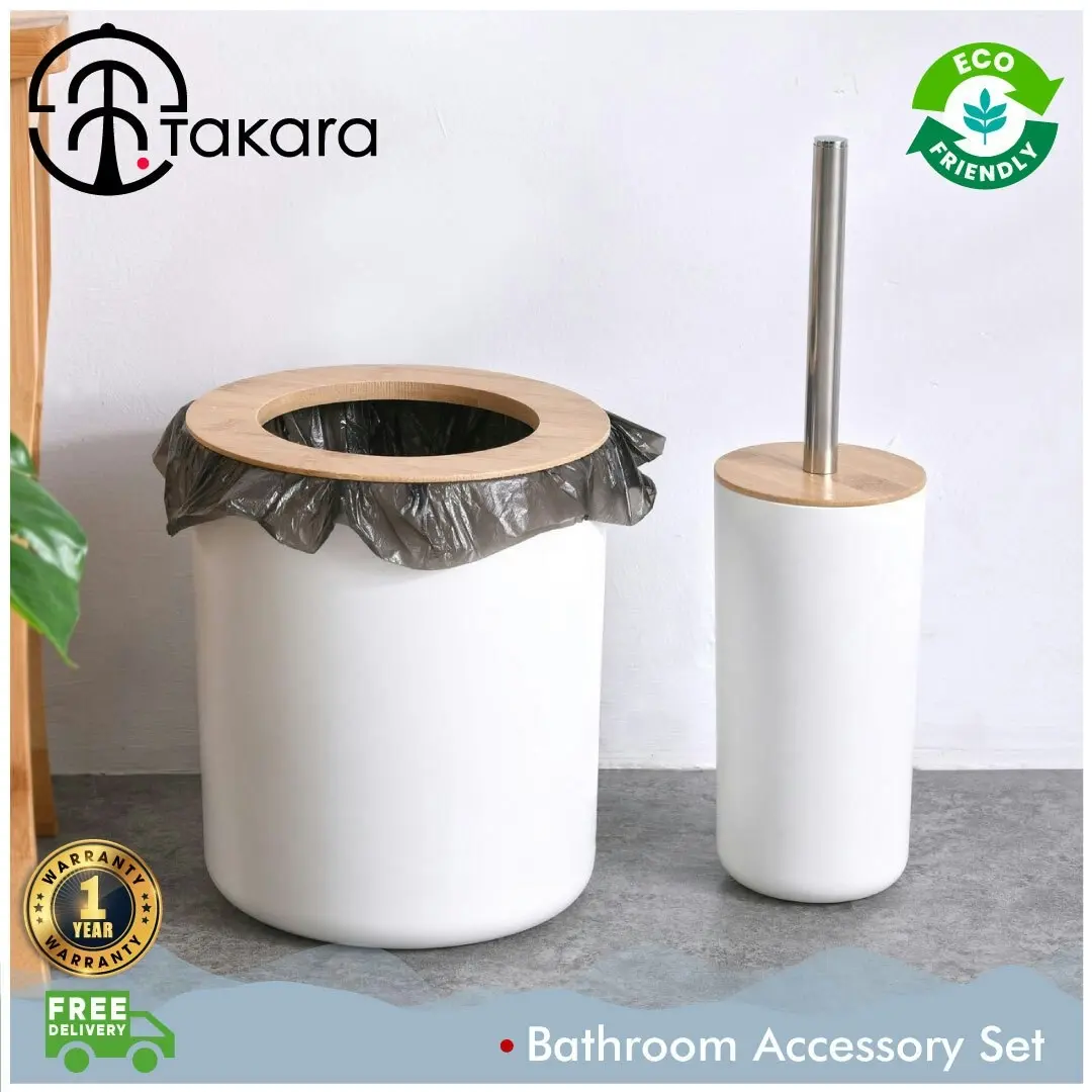 Takara Takae Bathroom Accessory Set 2-Piece Bamboo Toilet Brusher and Rubbish Bin White