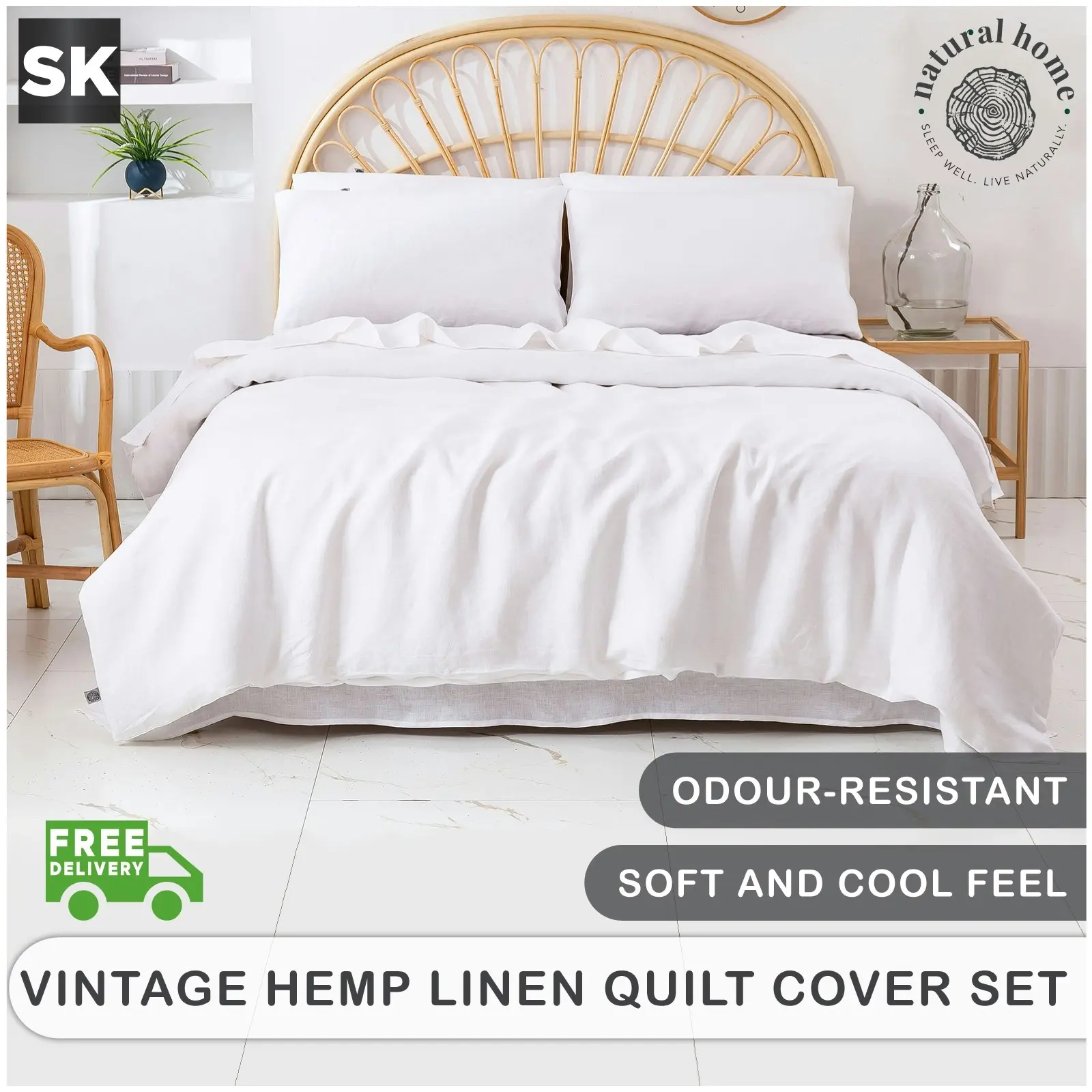 Natural Home Vintage Washed Hemp Linen Quilt Cover Set White Super King Bed