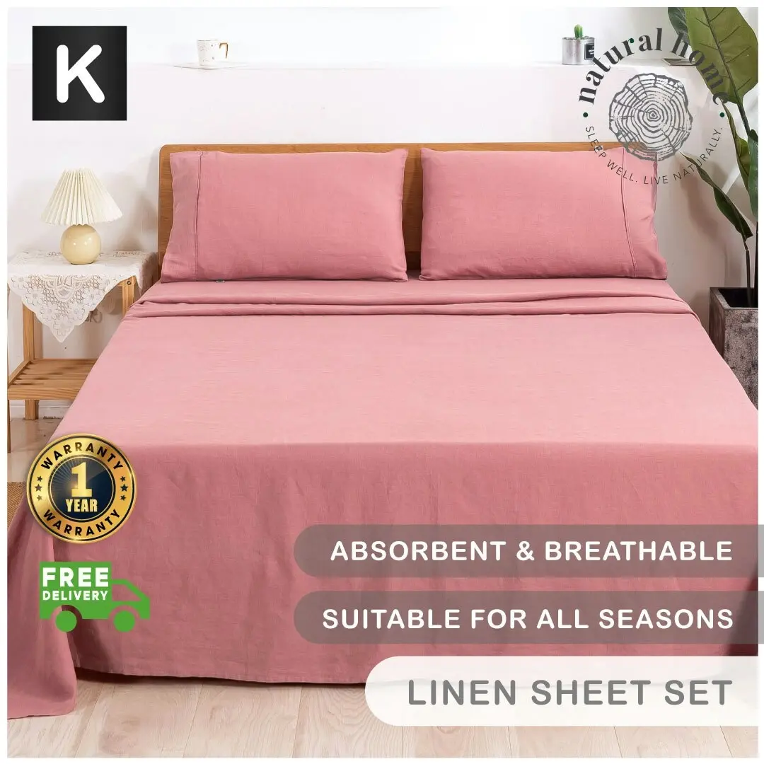 Natural Home 100% European Flax Linen Sheet Set Rose Gold King Bed