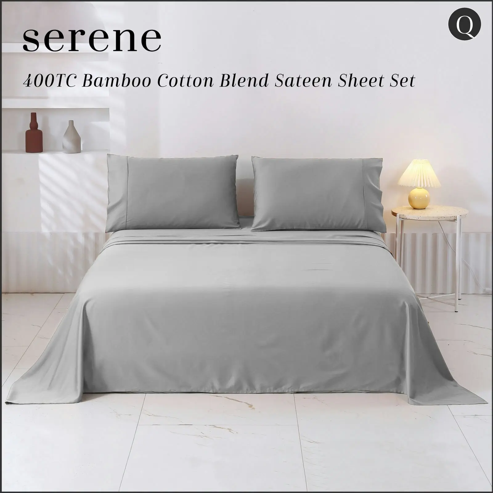 Serene 400TC Bamboo Cotton Blend Sateen Sheet Set DOVE GREY Queen Bed